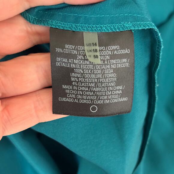 Tahari Dress 14 Navy Turquoise Lace‎ Sheer Mod Career Church Southern 50s Preppy - Picture 13 of 15